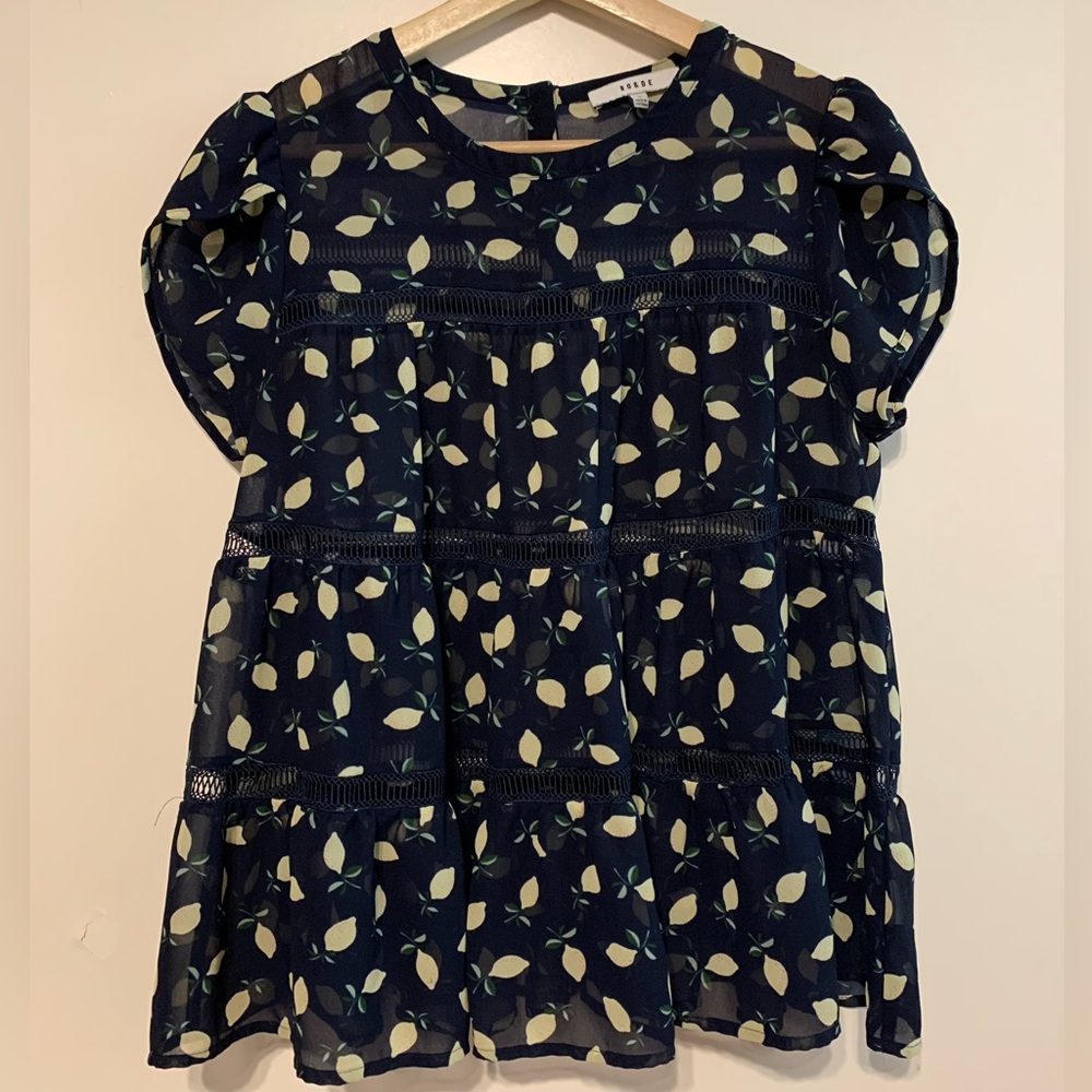 Ro & De Navy Lemon Print Swing Blouse Size S - Picture 1 of 8